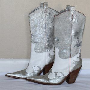 Para Raio White Silver Leather Pointed Toe Brazilian Cowgirl Boots Women's 10M